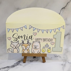 Sobre de cumpleaños personalizado hecho a mano con animales lindos, criaturas, bosques, pájaros, personajes, corazones, lentejuelas, confeti, globos, cupcakes 1234567890