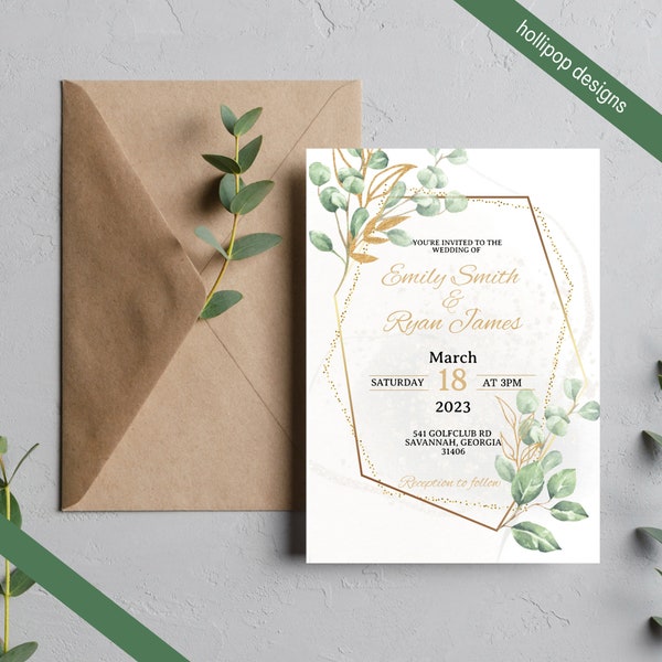 Gold Elegant Wedding Invite & RSVP Card | Digital Download | Do it yourself Invite