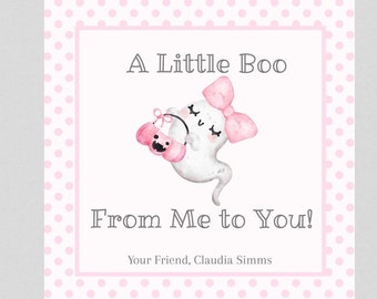 May include: A pink and white gift tag with a cute ghost holding a pink and orange pumpkin bucket. The tag says "A Little Boo From Me to You! Your Friend, Claudia Simms".