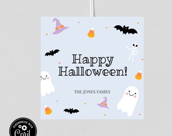 May include: A light blue square tag with the text "Happy Halloween!" and the text "The Jones Family". The tag is decorated with black bats, ghosts, witches hats, candy corn, and a skeleton.