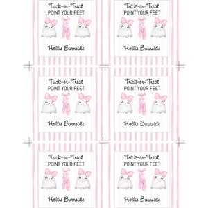 May include: A sheet of pink and white striped cards with the text "Trick-or-Treat POINT YOUR FEET" and the name "Hollis Burnside". Each card features illustrations of ghosts and ballet shoes.