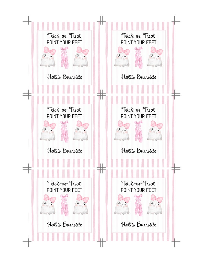 May include: A sheet of pink and white striped cards with the text "Trick-or-Treat POINT YOUR FEET" and the name "Hollis Burnside". Each card features illustrations of ghosts and ballet shoes.