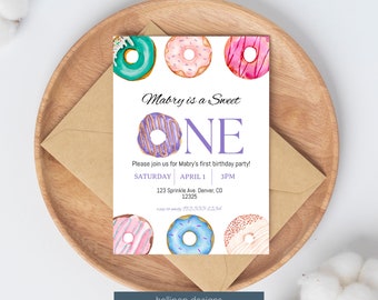 Invito di compleanno Sweet One Donut / Download digitale / Invito modificabile / Primo invito di compleanno