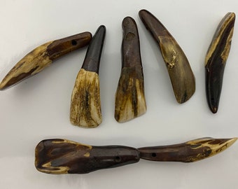 May include: Seven brown and cream colored bone teeth with holes drilled through them. The teeth are arranged in a semi-circle on a white surface.