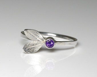 Textured twin leaf ring with purple Amethyst. Sterling silver.