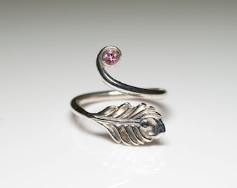 Peacock Feather Ring with Pink Tourmaline. Sterling Silver. Open Ring. Wrap Around Ring.