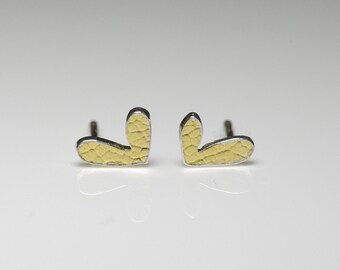 Textured heart studs with Keum Boo. Handmade. Sterling silver and gold.