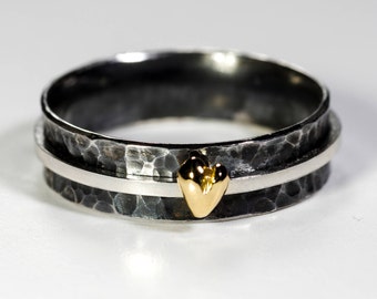 Hand Carved 9ct Gold Heart on a Sterling Silver Textured and Oxidised RIng
