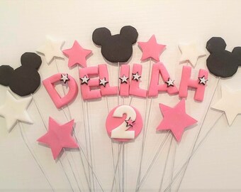 Mickey Minnie Mouse edible cake toppers stars and custom name number Disney fondant wires