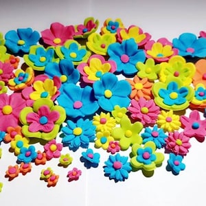 60 x Bright edible fondant flowers cupcake and cake toppers Trolls