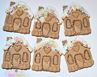 12 Mini edible Fondant Gingerbread houses (12) Christmas cookie and cupcake topper decorations