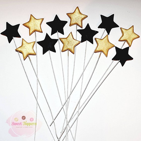 12 Edible Gold and Black Stars on Wires Fondant Cake Decorations Gatsby 