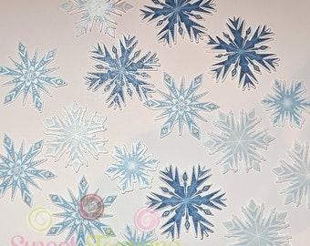 Snowflakes - Blue/white Pre-cut wafer Snowflakes, edible wafer snowflake cake and cupcake topper decoration