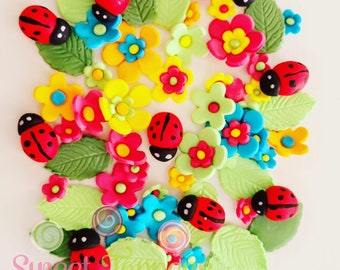 3D Lady bug spring garden flower and leaves fondant cake toppers