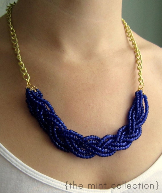 Items similar to Vibrant Navy and Gold Braided Rope Statement Necklace