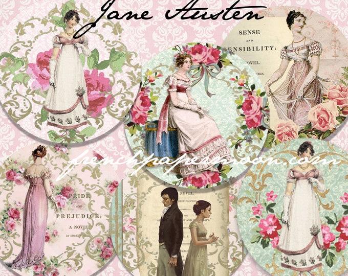 Shabby Jane Austen Printable, 3" circles Digital Download, Pride and Prejudice, Digital Sheet, Regency Fashion, Collage