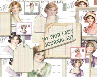 Printable Mini Journal Kit, Vintage Ladies, French Postcard Journal Set, Hybrid Journal, Vintage Office, Ephemera