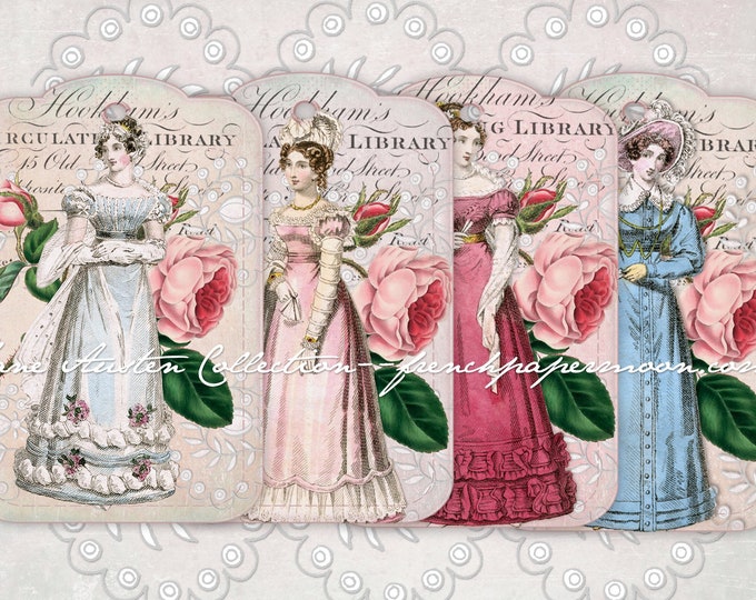 Digital Jane Austen Printable Tags, Regency Tags, Regency Fashion, Scrapbooking, Gifts, Wedding Tags, Gift supply, etsy shop