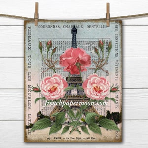 Shabby Französischer Frühling Eiffelturm Printable, Frühling in Paris, Vintage Paris Postkarte, Stofftransfer, Bastelbedarf, Digitales Paris
