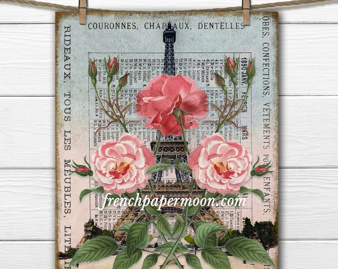 Shabby French Spring Eiffel Tower Printable, Springtime in Paris, Vintage Paris Postcard, Fabric Transfer, Craft Supply, Digital Paris