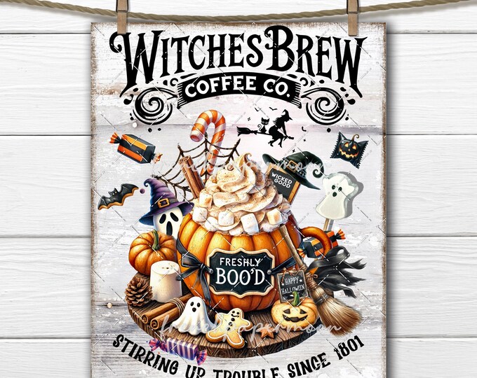 Witches Brew Halloween Coffee Spooky Cookies Broomstick DIY Sign Digital Print Fabric Transfer Cute October 31 Pumpkin Spice Latte PNG