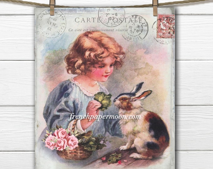 Adorable Shabby Vintage Girl and Bunny, Girl's Room Print, Easter Pillow Image, Fabric transfer, Easter Crafts, Digital Bunny Printable