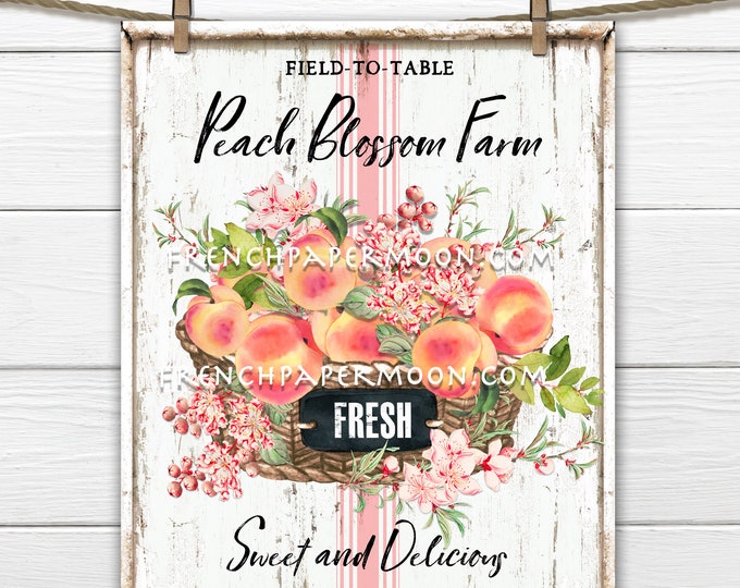 Farmhouse Summer Peaches, Peach Blossom, Fruit, Digital, DIY Peach Sign, Fabric Transfer, Pillow Image, Wreath Decor, Wood, PNG, Tiered Tray