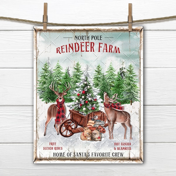 Christmas Reindeer Farm, Farmhouse Xmas Sign, Winter Forest, Christmas Deer, Winter Animals, Snow scene, Fabric Transfer, Digital Print, PNG