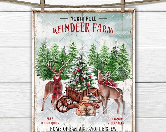 Christmas Reindeer Farm, Farmhouse Xmas Sign, Winter Forest, Christmas Deer, Winter Animals, Snow scene, Fabric Transfer, Digital Print, PNG