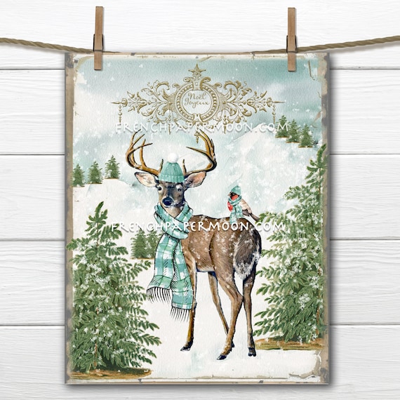 Christmas Deer Printable, Woodland Christmas, DIY Xmas Sign, Snowy Scene, Antique Reindeer Print, Xmas Decor, Transparent, French Graphic