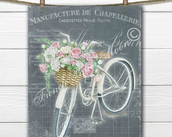 Vintage French Digital Bicycle Download, Bike with Flower Basket, Chalkboard Bike Printable, French Digital Art