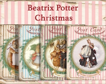 Beatrix Potter Christmas Bunnies, Digital Collage, Shabby Christmas Bunnies, Christmas Cards, Printable Christmas, Notecards, Gift Cards