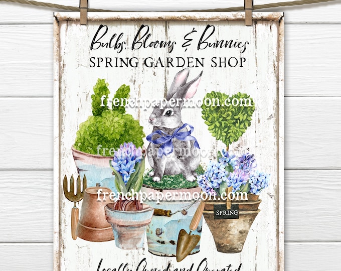 Spring Garden Shop, Spring Bunny, Bulbs, Hyacinth, Potted Plants, DIY Garden Sign, Pillow Image, Wreath Attachment, PNG, Wood, Digital