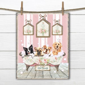 Bathtub Dogs Shabby Chic Bathtub Bubble-Bath Bath Time Pets Best Friends Animal Lover Digital Download Bathroom Print Kids Room Decor PNG
