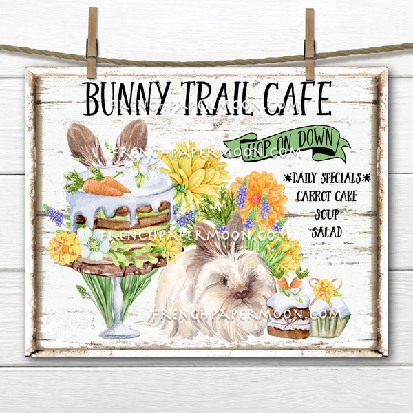 Spring Bunny, Digital, Bunny Trail, Cafe, Carrot Cake, Easter, Spring Flowers, Easter Digital Sign, Pillow Image, PNG, Wood, Fabric Transfer