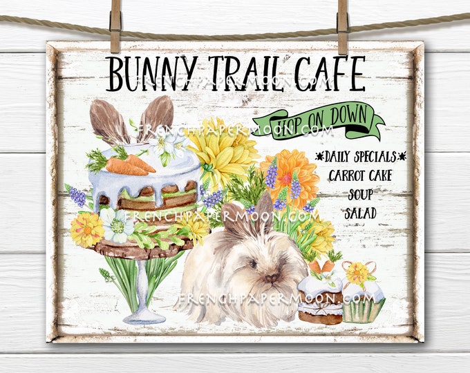 Spring Bunny, Digital, Bunny Trail, Cafe, Carrot Cake, Easter, Spring Flowers, Easter Digital Sign, Pillow Image, PNG, Wood, Fabric Transfer