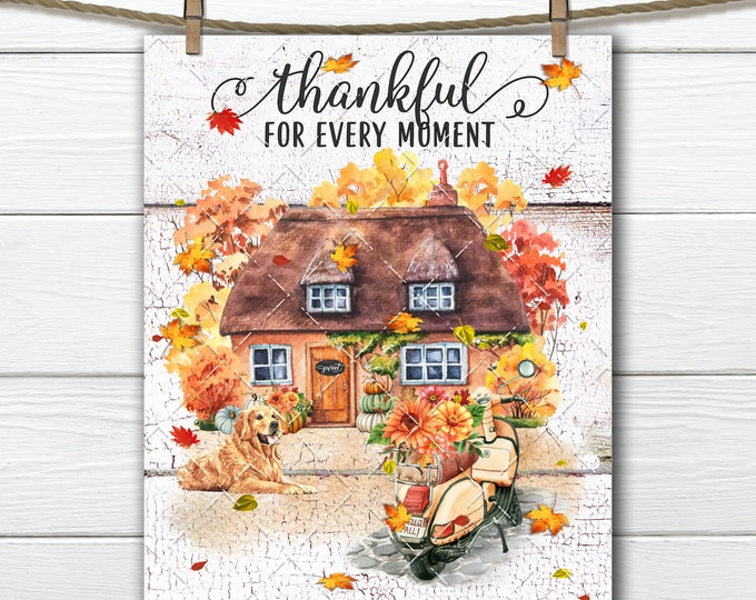 Thanksgiving Fall Home Cottage Dog Thankful Digital Art Print Fall Tree Foliage, Golden Retriever, Wall Decor, Fabric Transfer, Wreath Decor