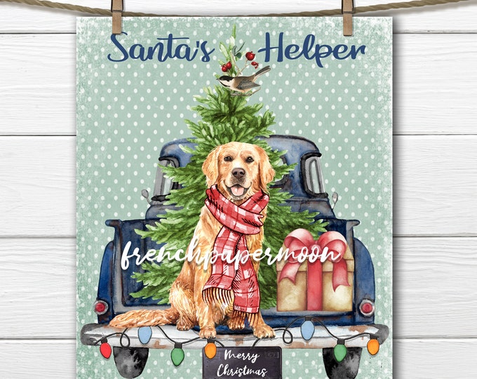 Golden Retriever Christmas Print, Christmas Truck, Santa's Helper, Scarf, Xmas Pillow Image, Graphic Transfer, Transparent, Fabric Transfer