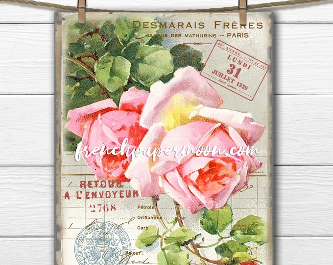 French Vintage Rose Graphic, Shabby Pink Roses, Pillow Image, Catherine Klein Roses, French Pillow Image, Decoupage, Spring Rose Printable