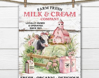 Pink Farmhouse Fresh Milk Cream Dairy Farm Hereford Cow DIY Sign Making Fabric Transfer Tiered Tray Home Decor Print PNG Digital Download