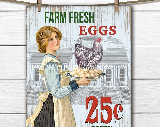 Shabby Farm Fresh Eggs Digital, Vintage Style, Antique graphics, Kitchen Farm Hen Chicken Print, Instant Download Transfer Image