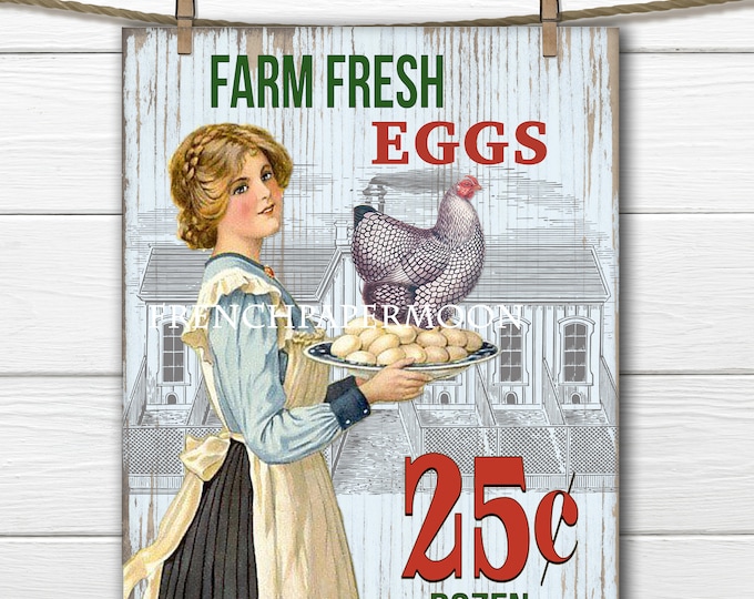 Shabby Farm Fresh Eggs Digital, Vintage Style, Antique graphics, Kitchen Farm Hen Chicken Print, Instant Download Transfer Image