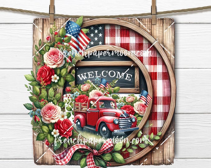 Patriotic Farm Truck PNG Sublimation with American Flag & Red Roses, Stars Stripes DIY Home Decor Transfer for Signs Fabric Wreath Accent
