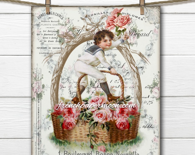 Digital French Victorian Boy, Shabby Basket of Roses, French Graphics, Instant Download, Large Image