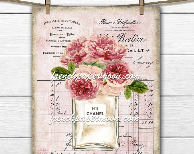 Shabby French Bouquet Vintage Roses, French Perfume Bottle, French Graphic Roses, Tiered Tray Printable, Fabric Transfer, Digital Image