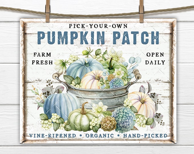 Pumpkin Patch, Pick your Own, Blue and Green, Fall Flowers, Farmhouse Pumpkin Sign, Wreath Accent Home Decor Print, Fabric Transfer, Digital