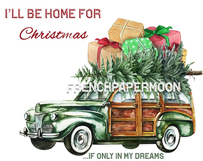 Retro Christmas Car, Woody Wagon, Xmas Tree, Presents,Gifts, Christmas Pillow, Transfer, Christmas Crafts, Digital Print, Sublimation