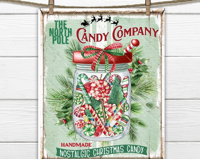 Old Fashioned Christmas Candy Jar Digital Print Xmas Sweets Hard Candy Lollipops DIY Sign Making Fabric Transfer Home Decor Wreath Accent