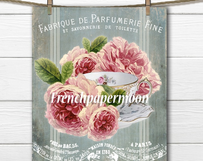 Vintage French Tea Digital Collage, Shabby chic Teacup with Roses, French Typography, Iron on Fabric, Large Image