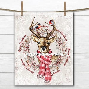 Impression de renne, renne aquarelle, chikadee, couronne, transfert de cerf, graphique de Noël boisé, téléchargement instantané, artisanat de Noël